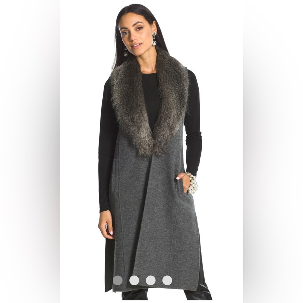 Chicos size 1 (M/L 8/10/12) black label faux fur lined long vest. Grey wool